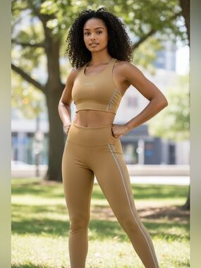 Fabletics Set Camel Racerback Sports Bra with Reflective Stripes and Leggings